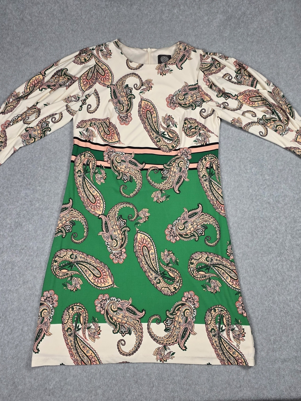 Paisley Print Long Sleeve Dress in Green and Cream
